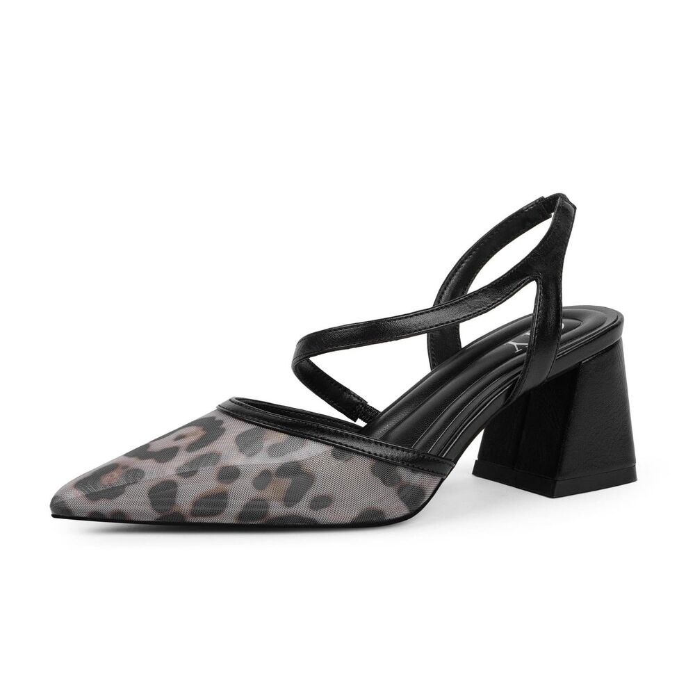 QIY Leopard Closed Pointed Toe Heels for Women Slingback Chunky Mid Heel Pumps